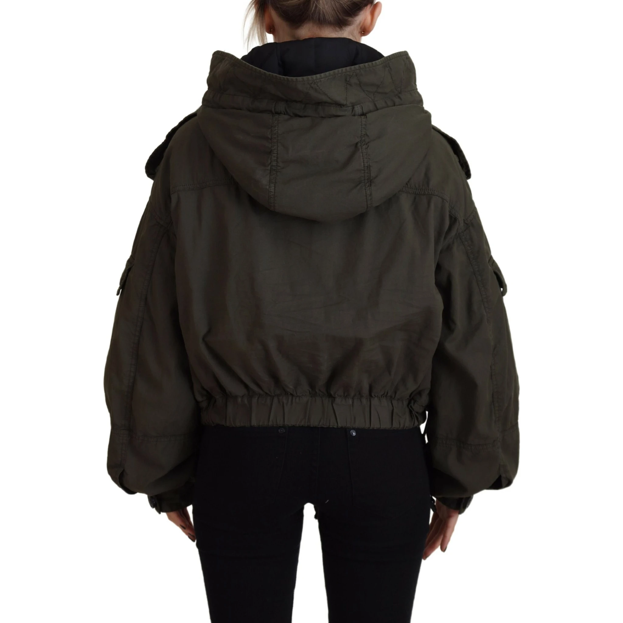 Green Cotton Hooded Cargo Button Jacket