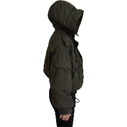 Green Cotton Hooded Cargo Button Jacket
