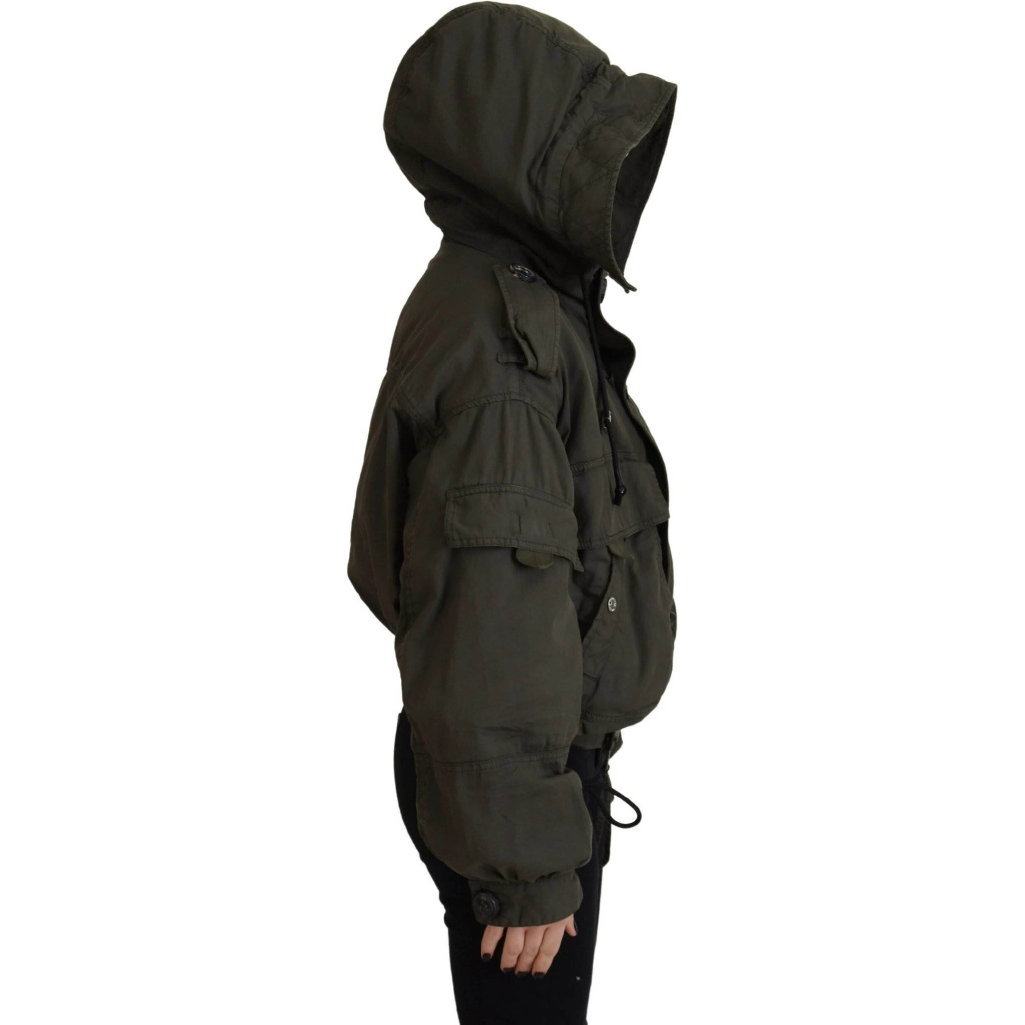 Green Cotton Hooded Cargo Button Jacket