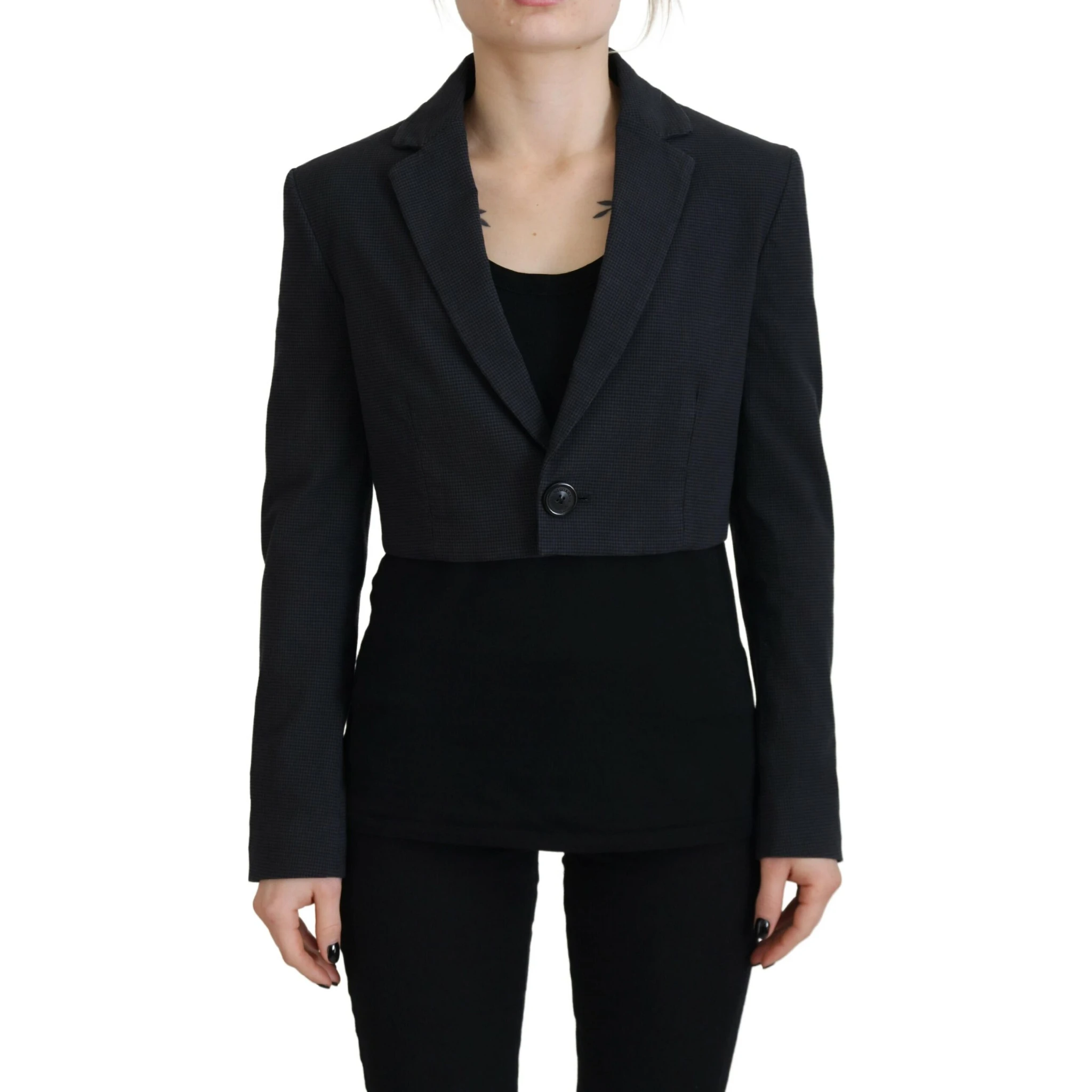 Black Cotton Cropped Button Blazer Jacket