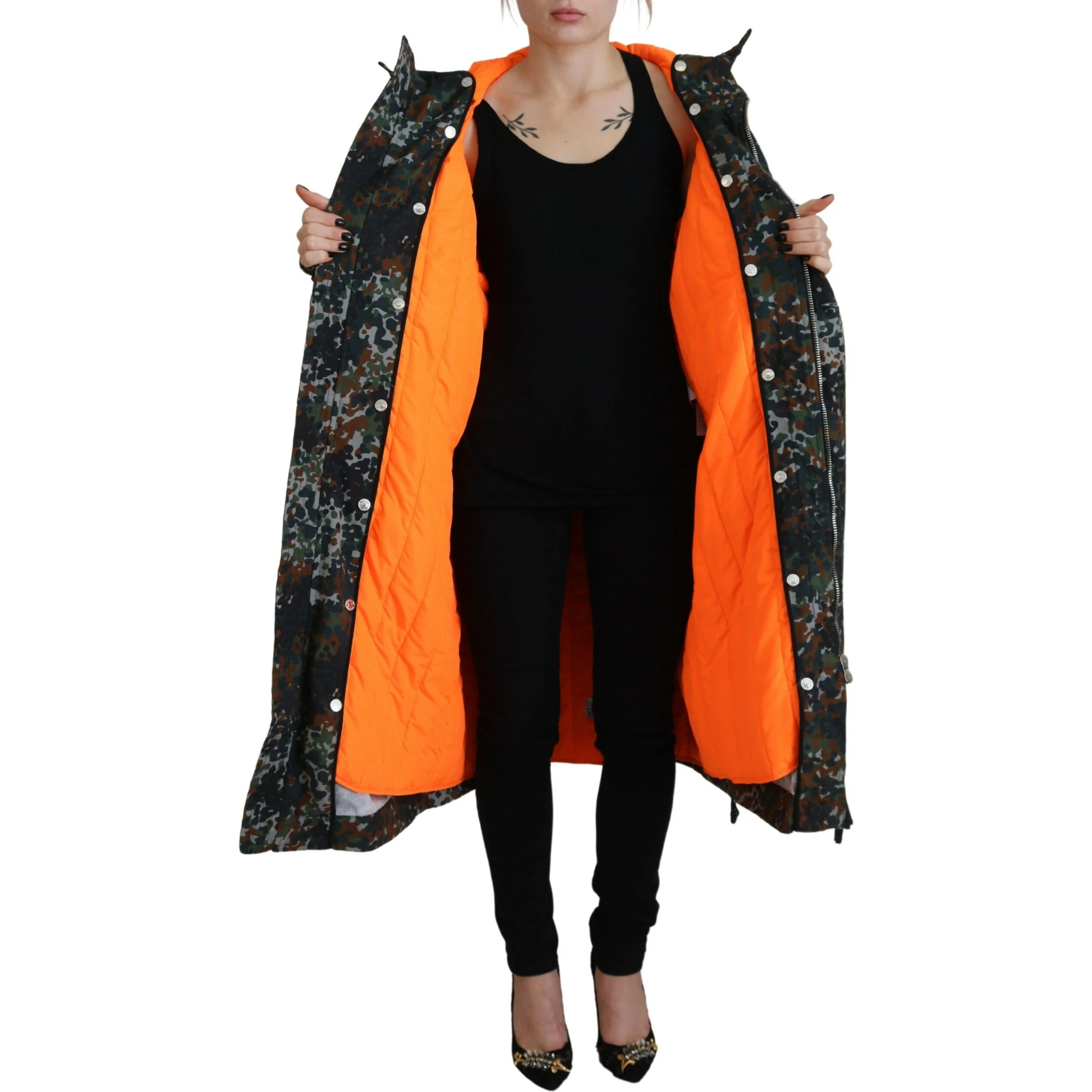 Green Hooded Goth Camouflage Print Parka Coat Jacket