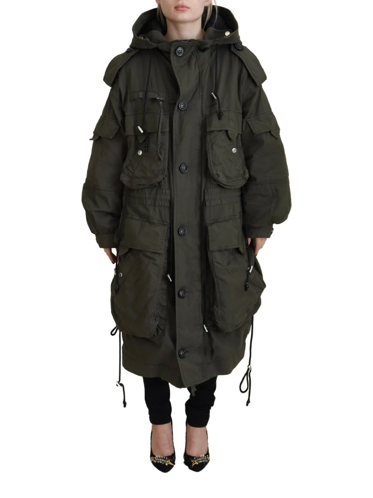 Green Hooded Full Zip Long Parka Coat Jacket