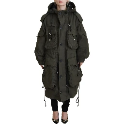Green Hooded Full Zip Long Parka Coat Jacket