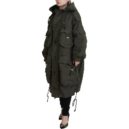 Green Hooded Full Zip Long Parka Coat Jacket