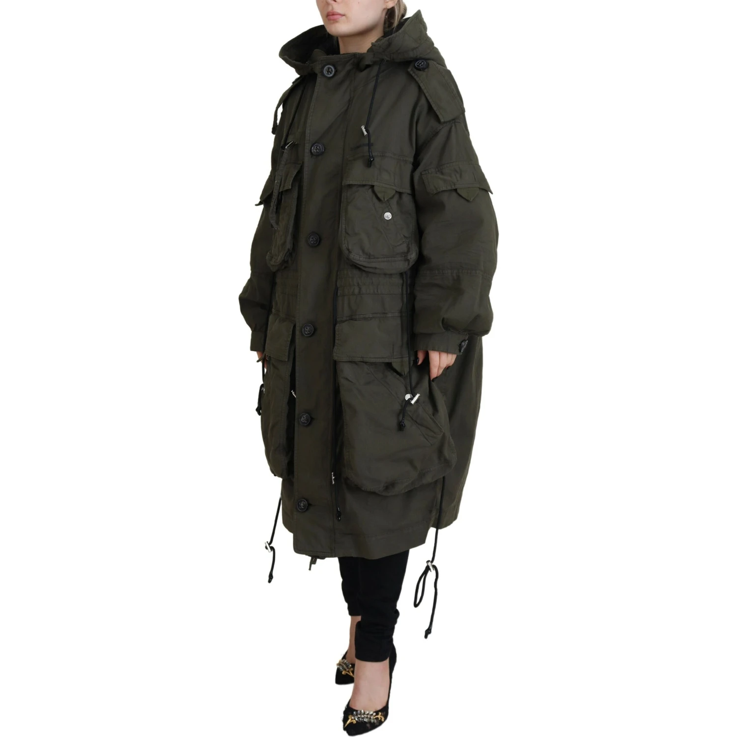 Green Hooded Full Zip Long Parka Coat Jacket