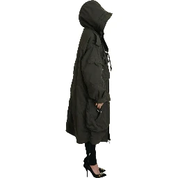 Green Hooded Full Zip Long Parka Coat Jacket