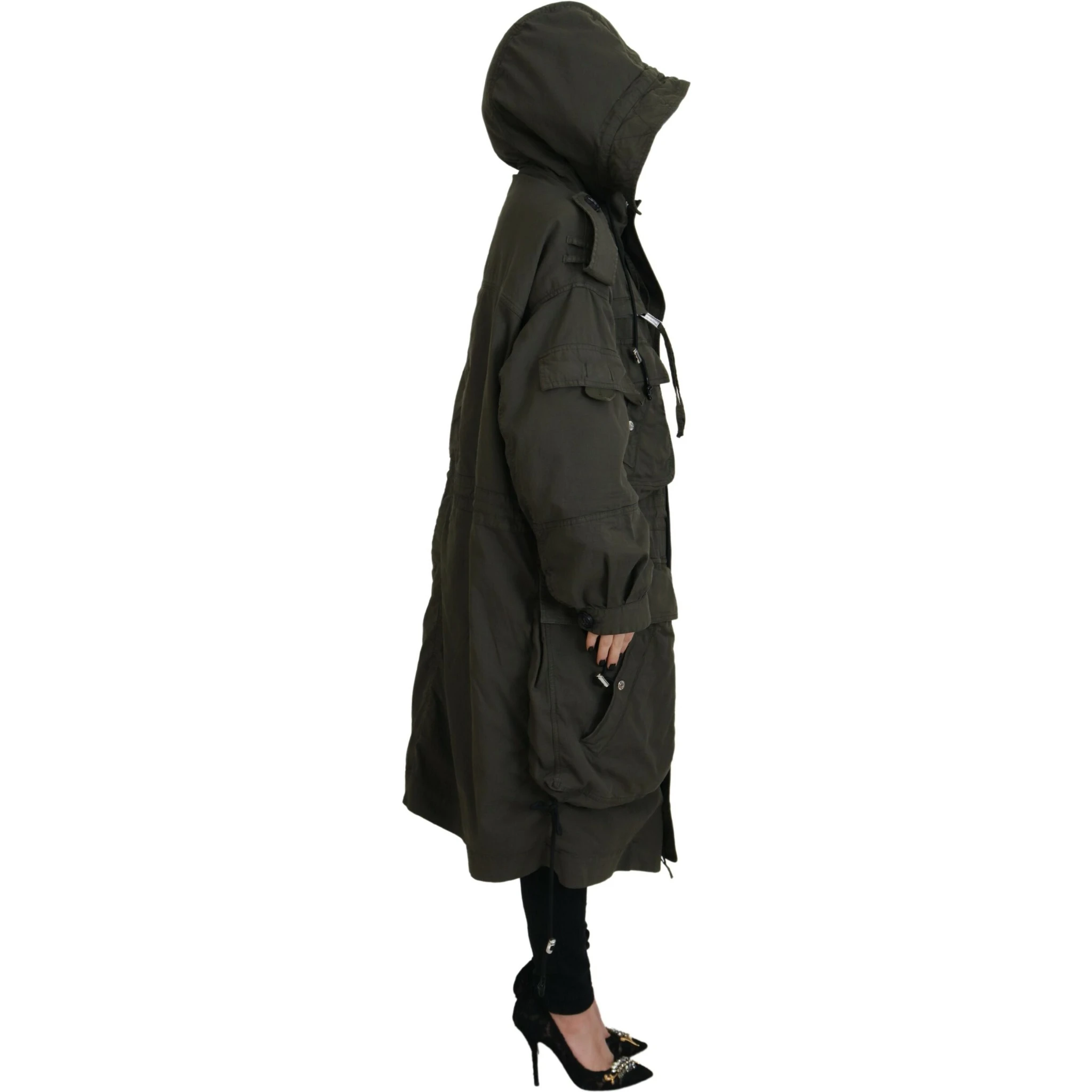 Green Hooded Full Zip Long Parka Coat Jacket