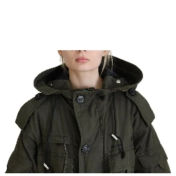 Green Hooded Full Zip Long Parka Coat Jacket