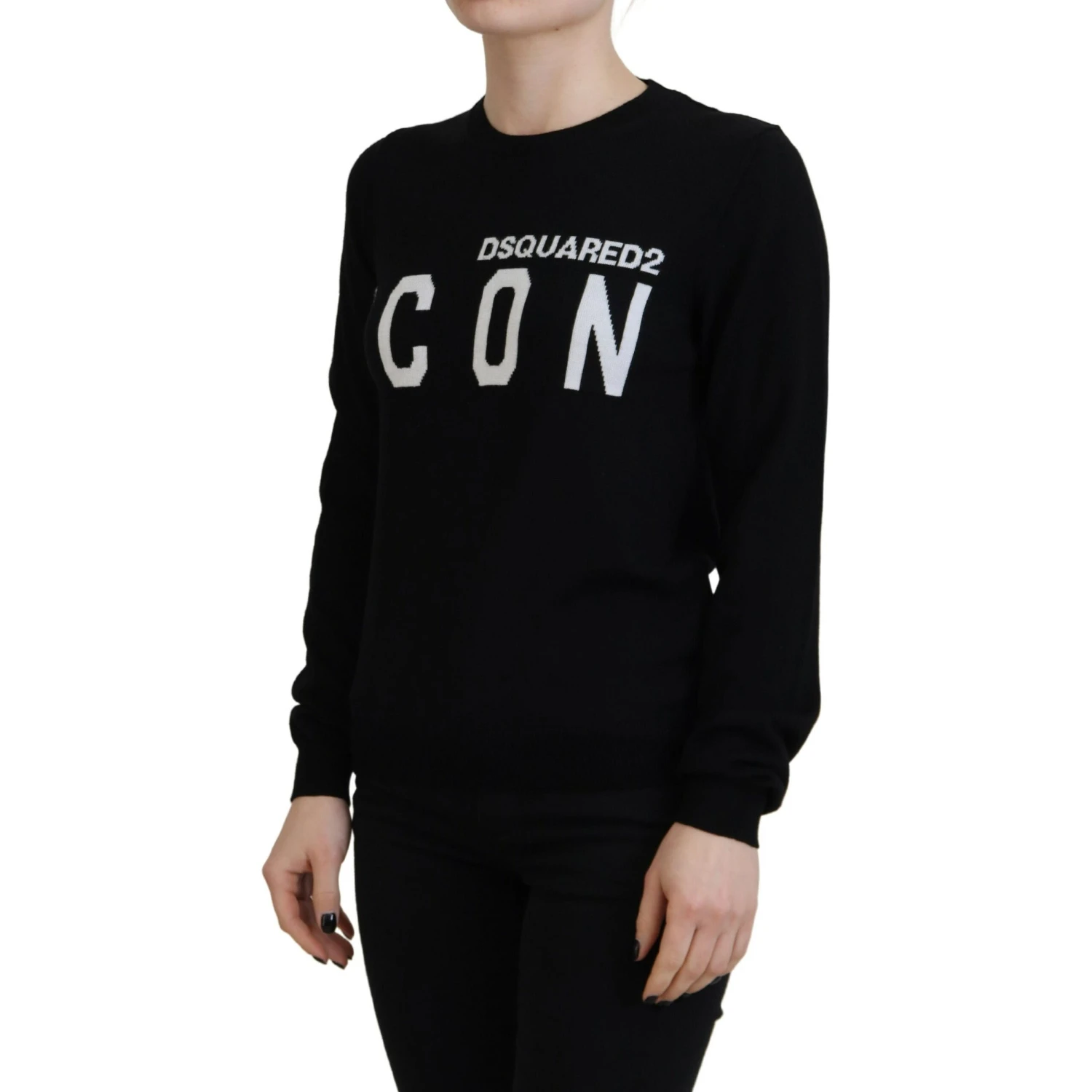 Black Virgin Wool Logo Print Long Sleeves Sweater