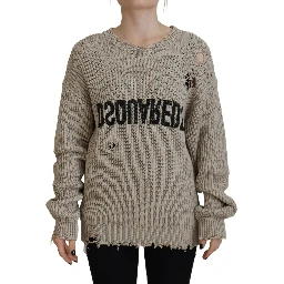 Beige Cotton Knitted Crewneck Pullover Sweater