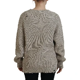 Beige Cotton Knitted Crewneck Pullover Sweater