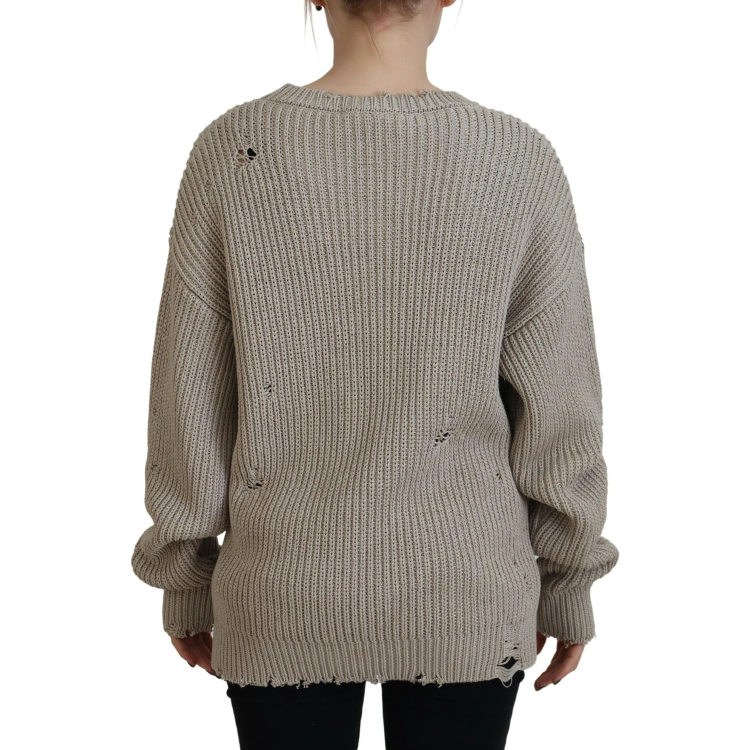 Beige Cotton Knitted Crewneck Pullover Sweater