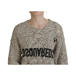 Beige Cotton Knitted Crewneck Pullover Sweater