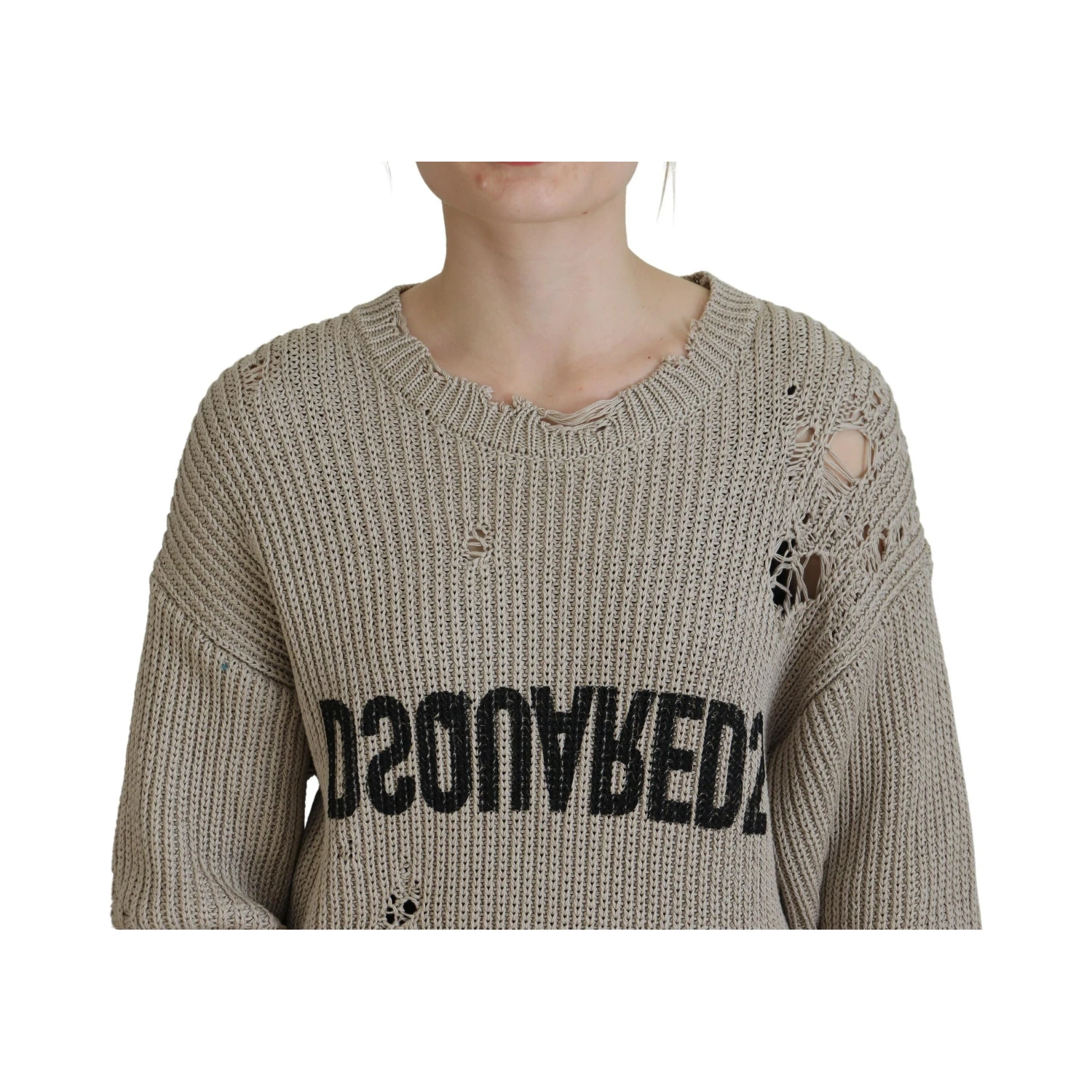 Beige Cotton Knitted Crewneck Pullover Sweater