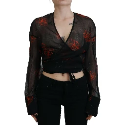 Black Floral Print Cropped Wrap Long Sleeves Top