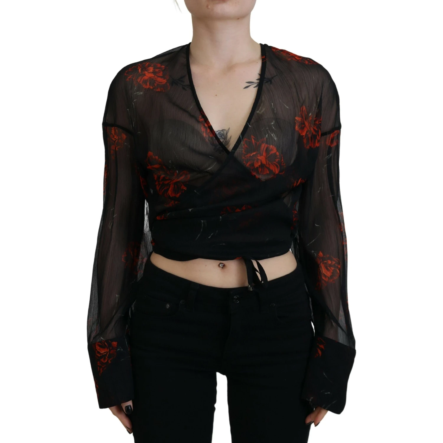 Black Floral Print Cropped Wrap Long Sleeves Top
