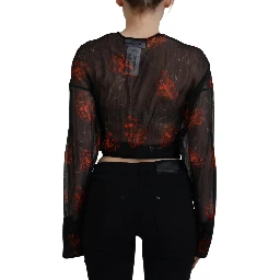 Black Floral Print Cropped Wrap Long Sleeves Top