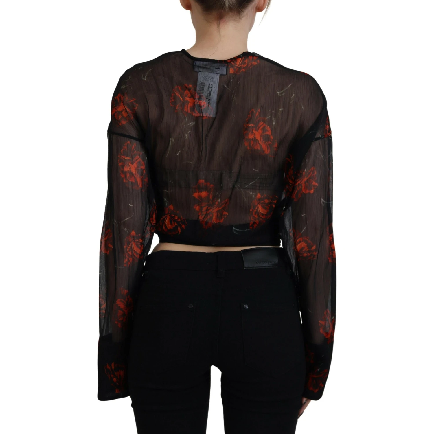 Black Floral Print Cropped Wrap Long Sleeves Top