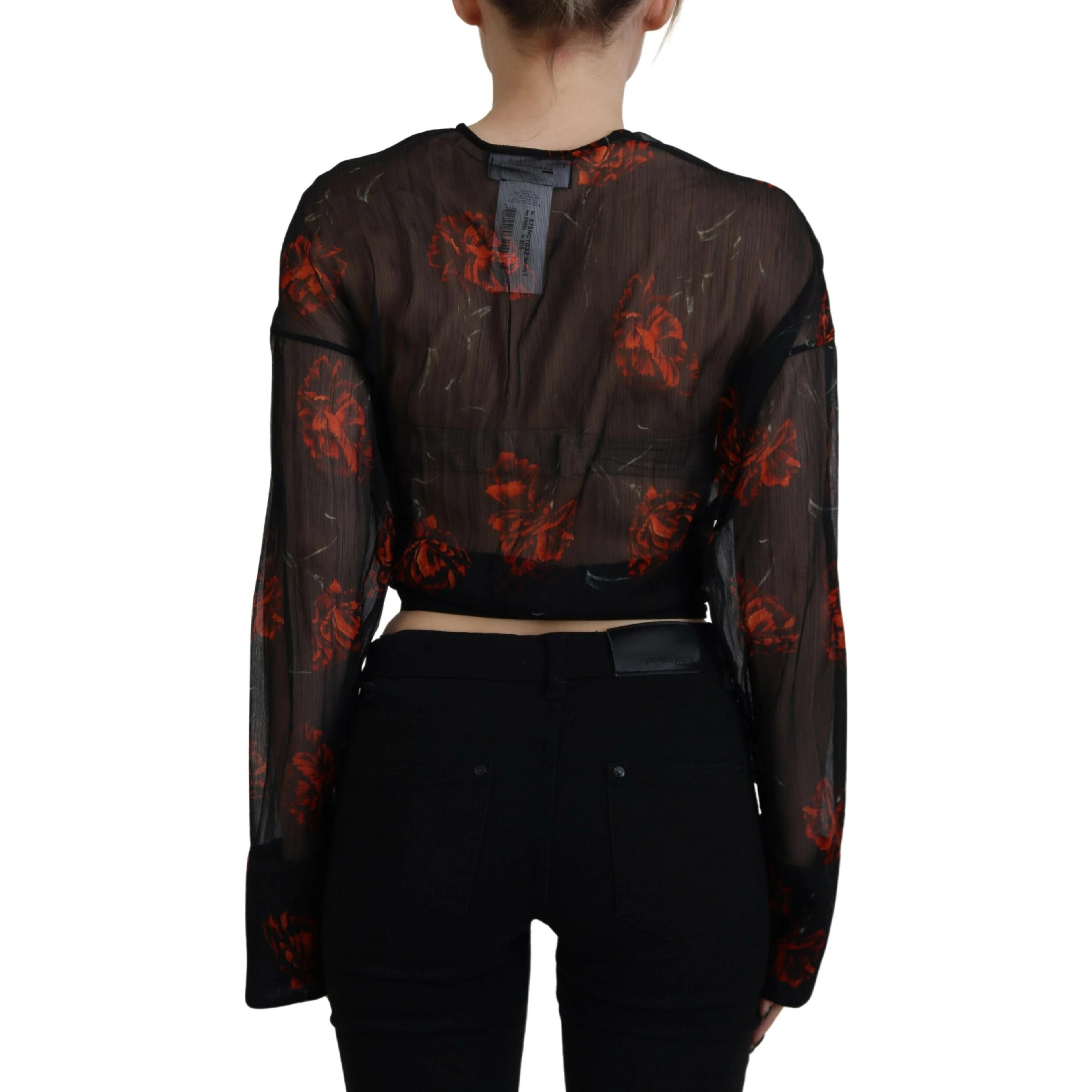 Black Floral Print Cropped Wrap Long Sleeves Top