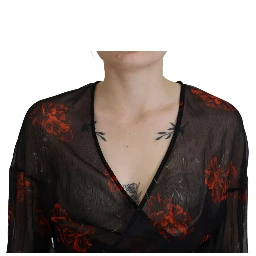 Black Floral Print Cropped Wrap Long Sleeves Top