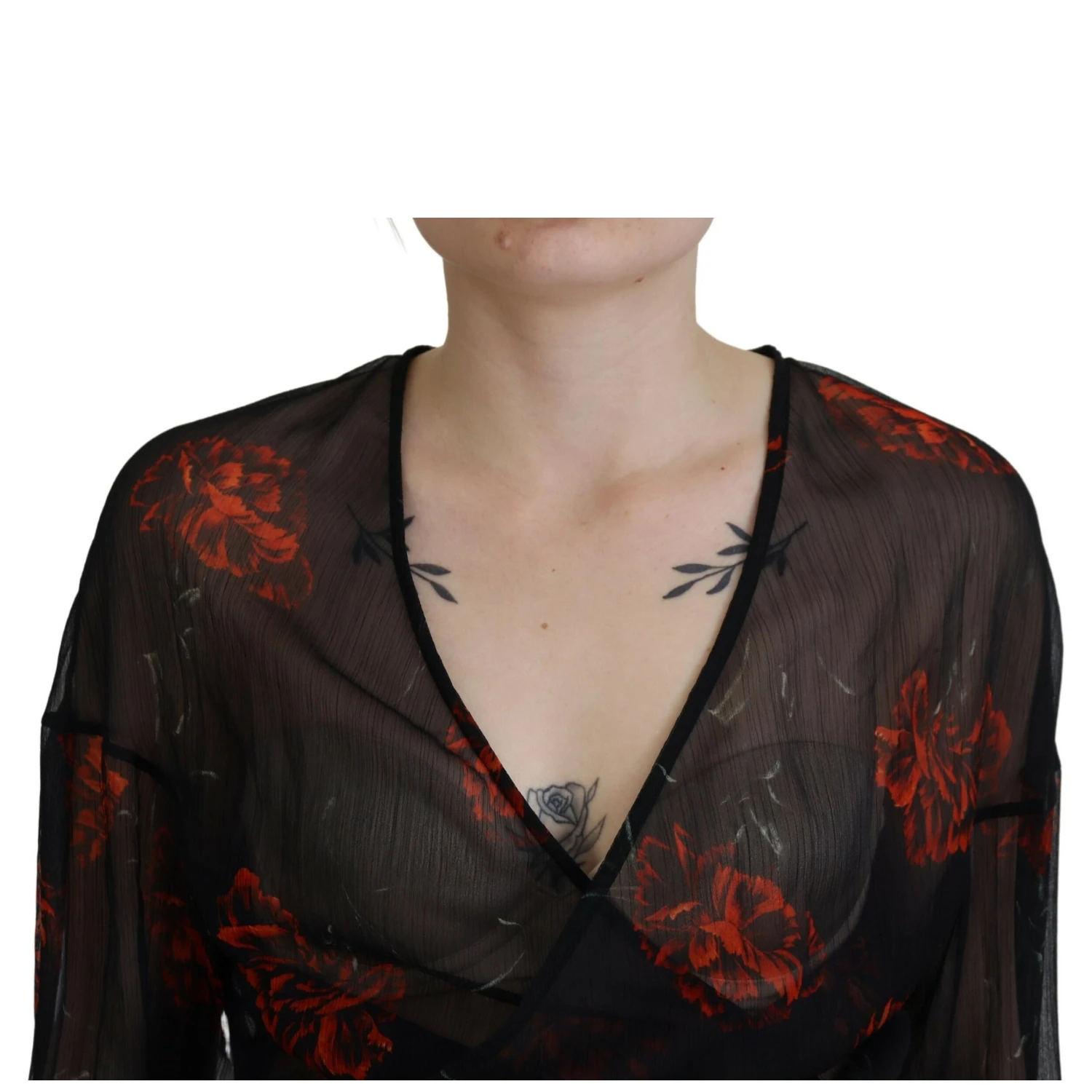 Black Floral Print Cropped Wrap Long Sleeves Top