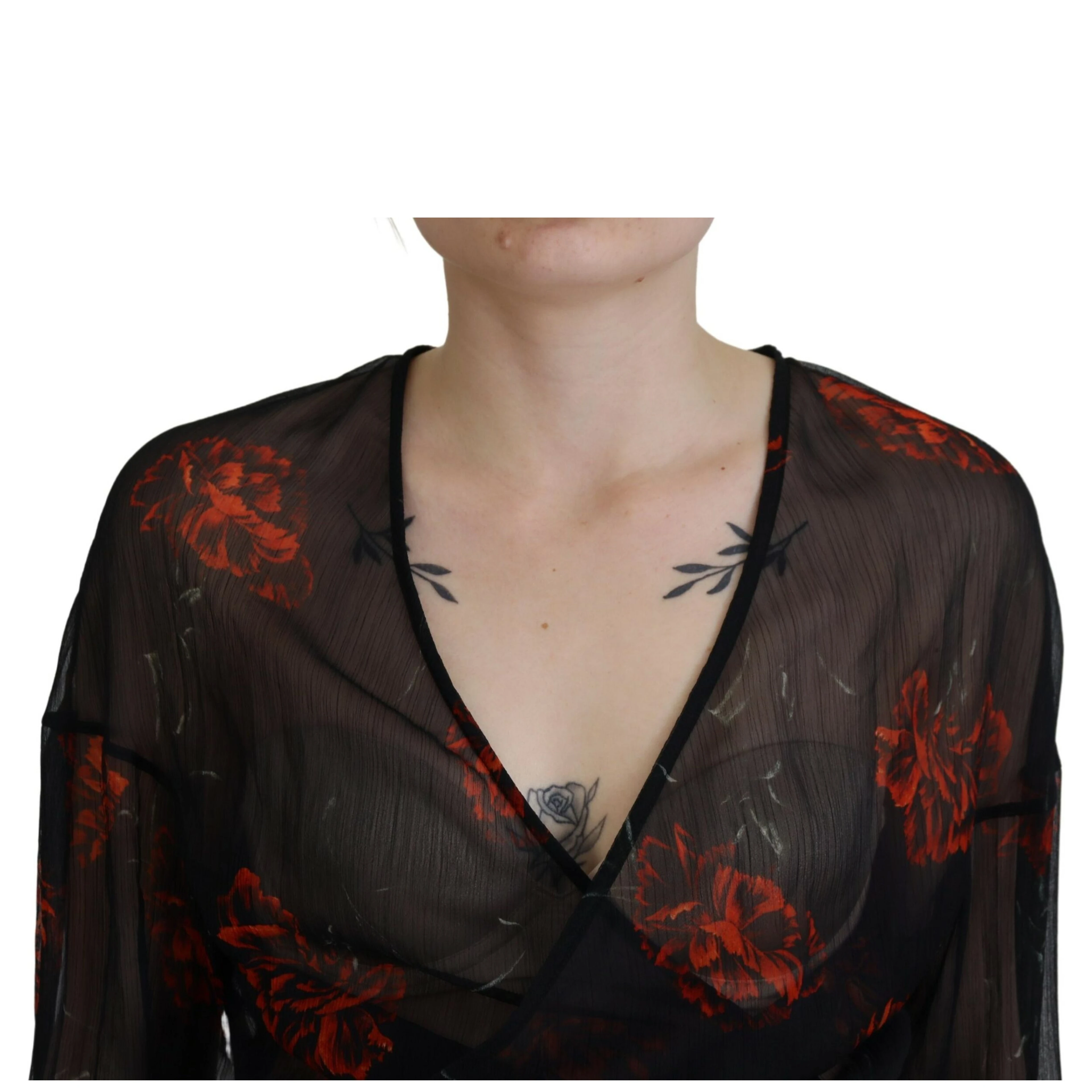 Black Floral Print Cropped Wrap Long Sleeves Top