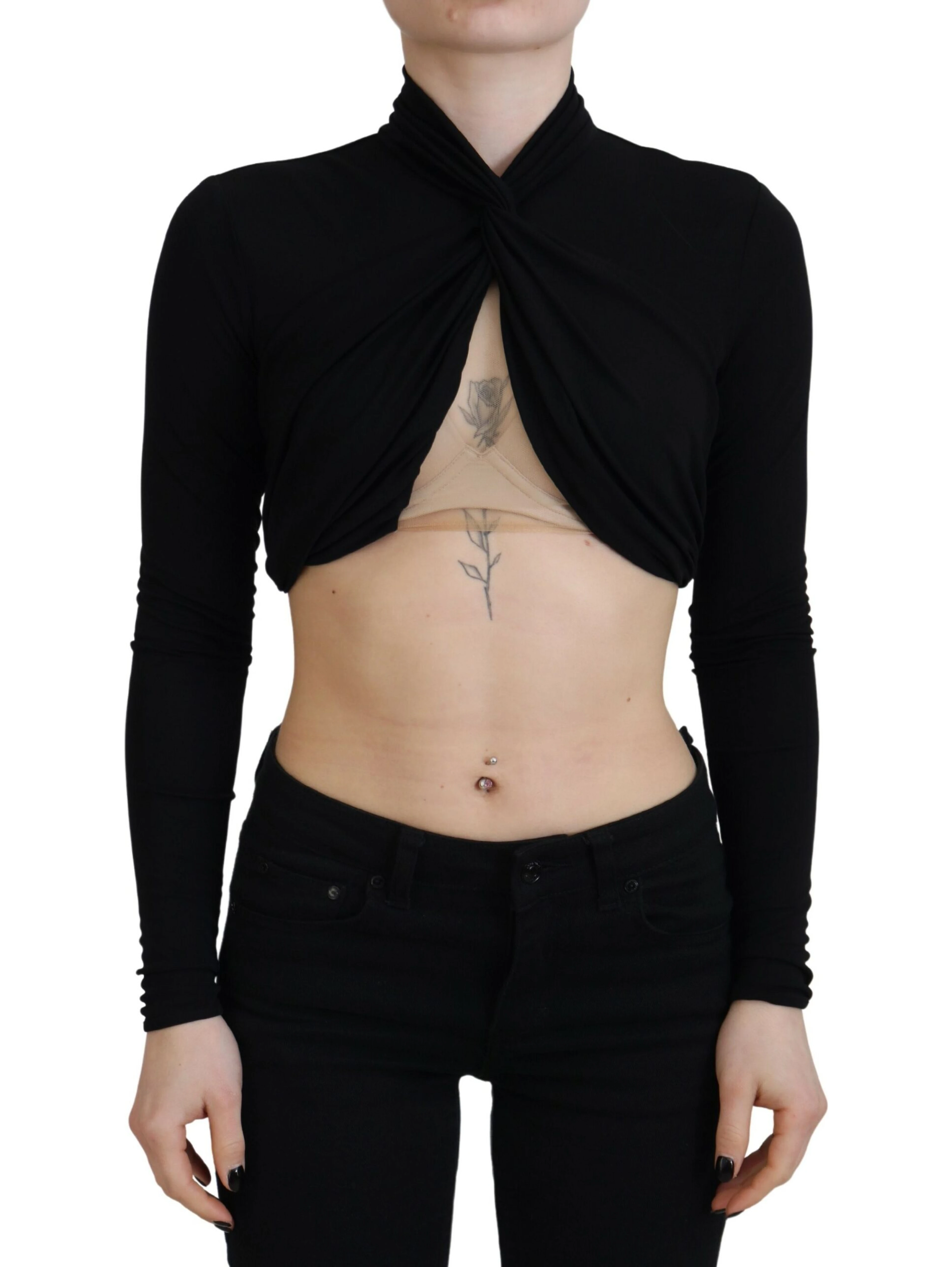 Black Cut Out Viscose Cropped Long Sleeves Top