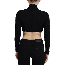 Black Cut Out Viscose Cropped Long Sleeves Top
