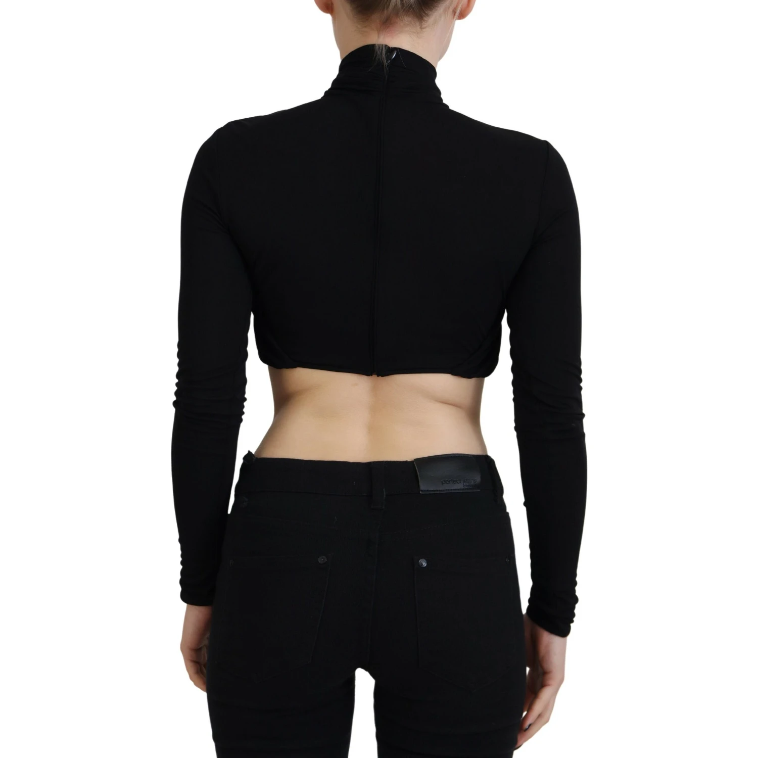 Black Cut Out Viscose Cropped Long Sleeves Top