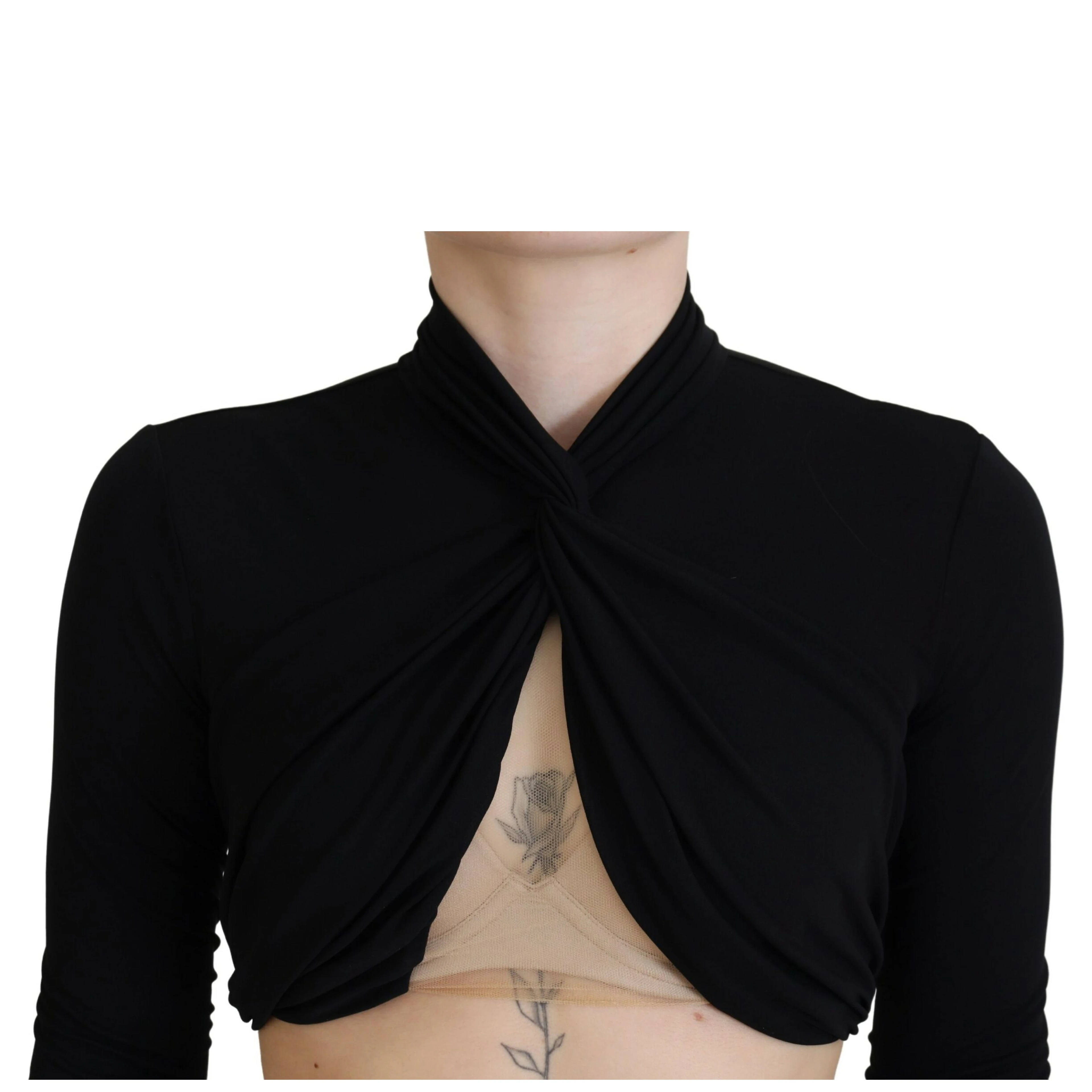Black Cut Out Viscose Cropped Long Sleeves Top