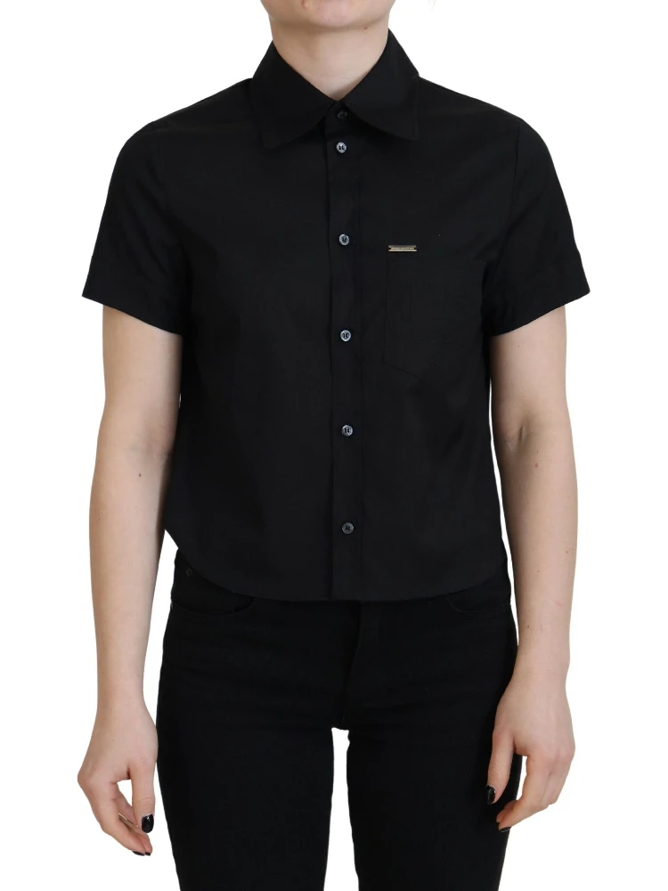 Black Collared Button Down Short Sleeves Polo Top