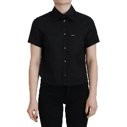 Black Collared Button Down Short Sleeves Polo Top