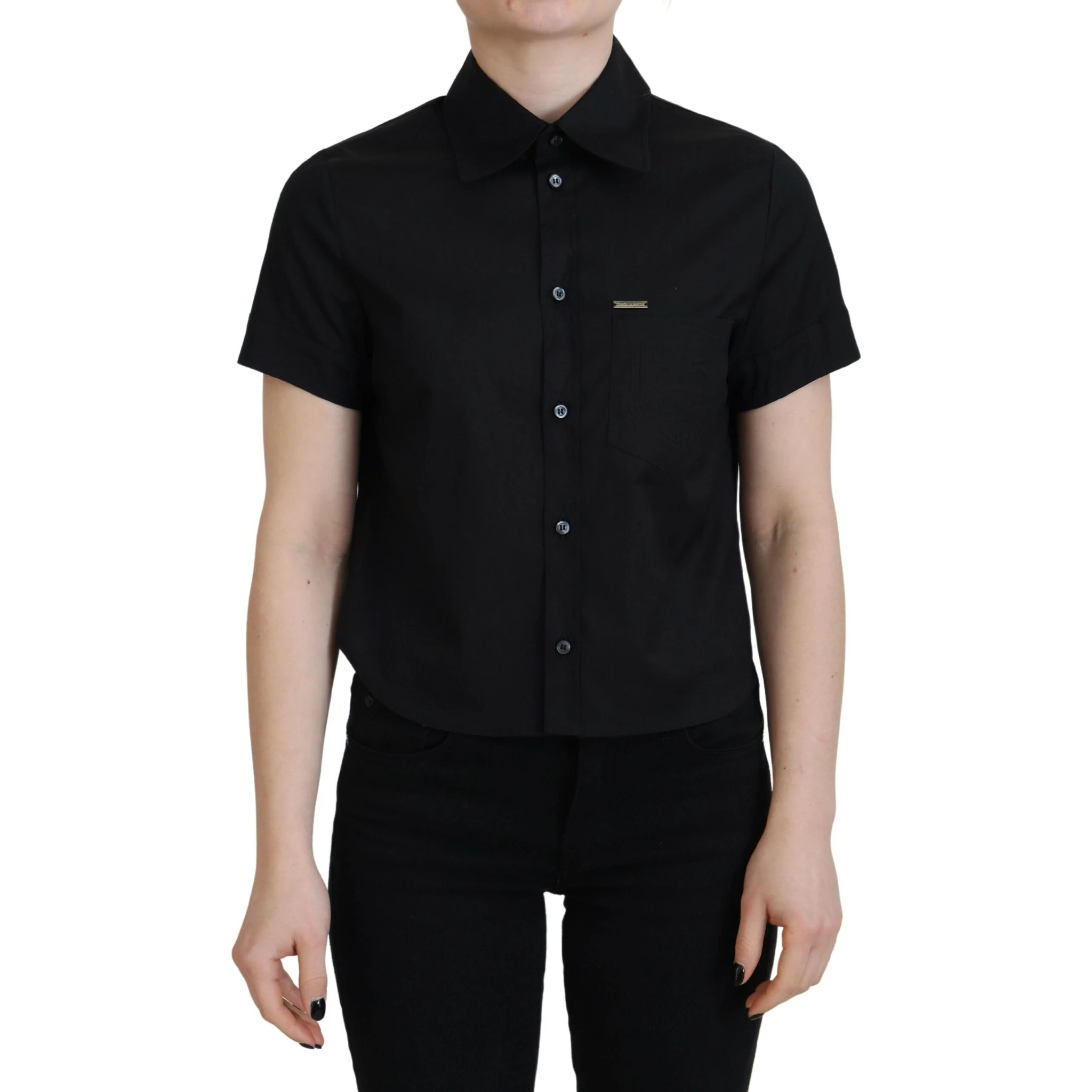 Black Collared Button Down Short Sleeves Polo Top