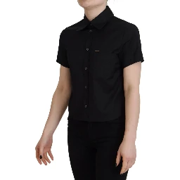 Black Collared Button Down Short Sleeves Polo Top