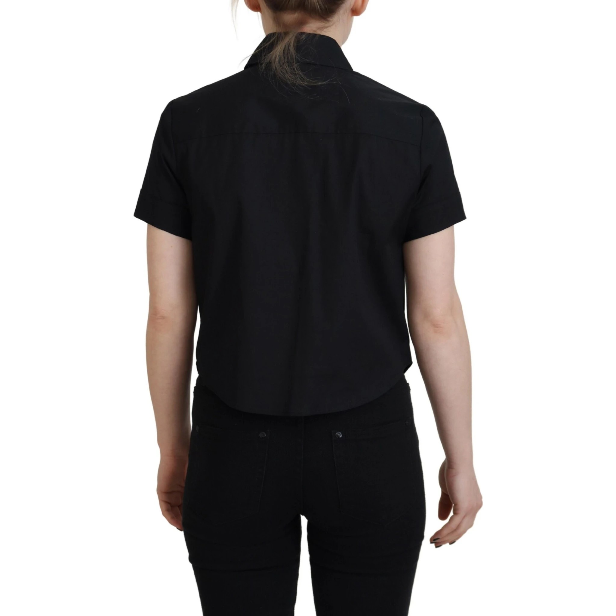 Black Collared Button Down Short Sleeves Polo Top