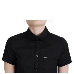Black Collared Button Down Short Sleeves Polo Top