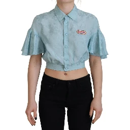 Blue Collared Button Down Short Sleeve Cropped Top