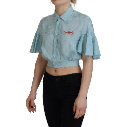 Blue Collared Button Down Short Sleeve Cropped Top