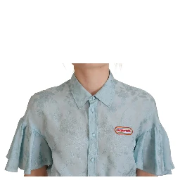 Blue Collared Button Down Short Sleeve Cropped Top