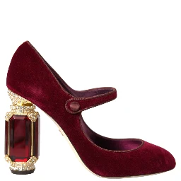 Red Velvet Gold Crystals Heels Mary Jane Shoes