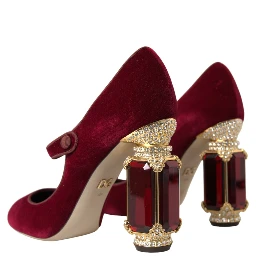 Red Velvet Gold Crystals Heels Mary Jane Shoes