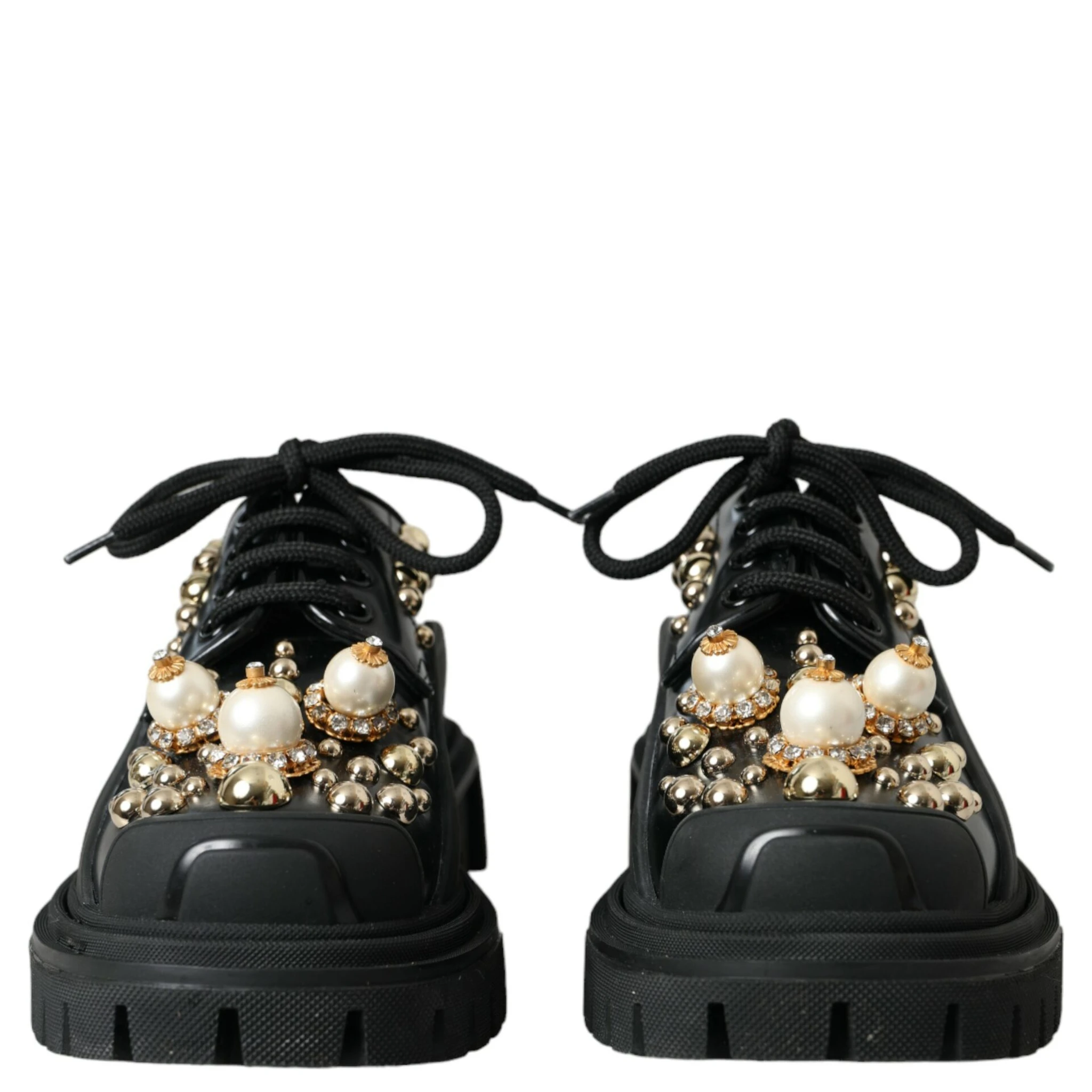 Black Leather Trekking Derby Embellished Shoes