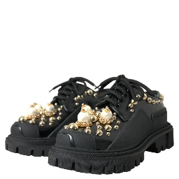 Black Leather Trekking Derby Embellished Shoes