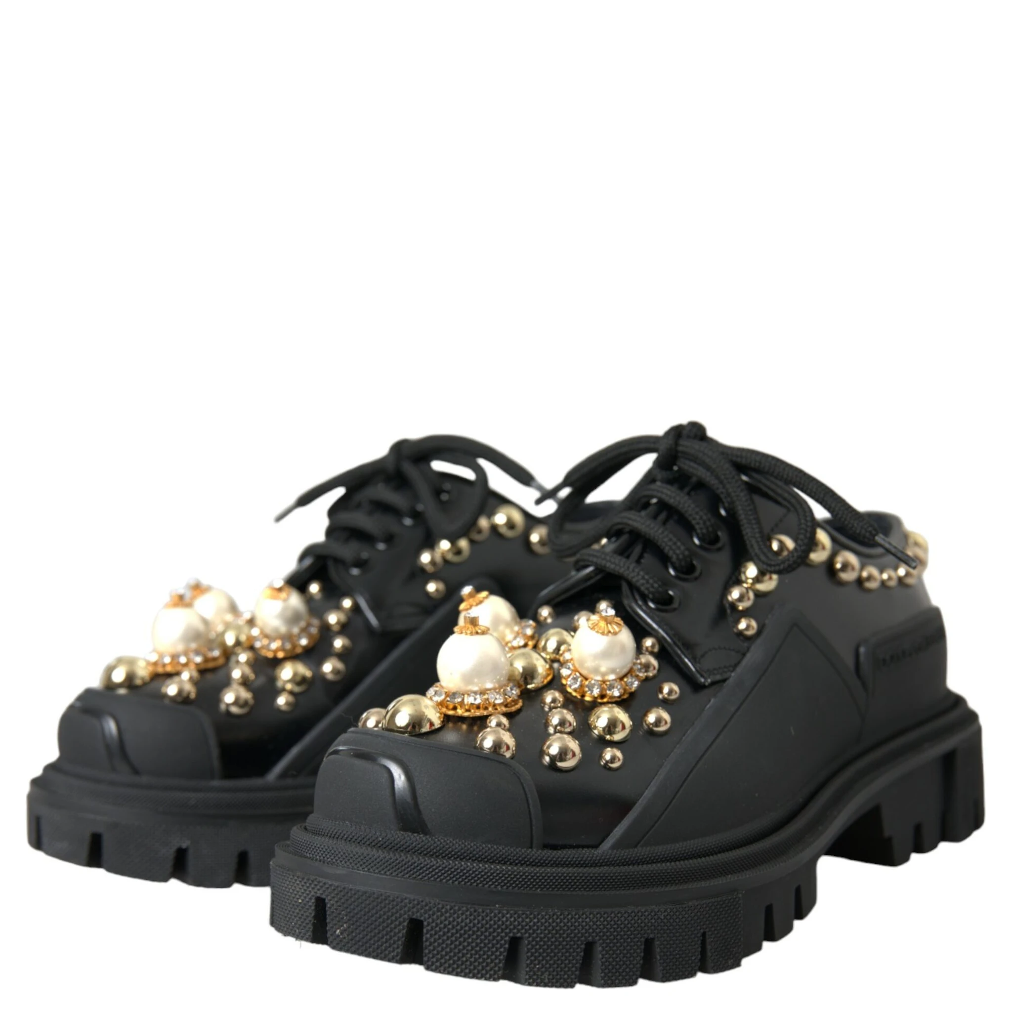 Black Leather Trekking Derby Embellished Shoes