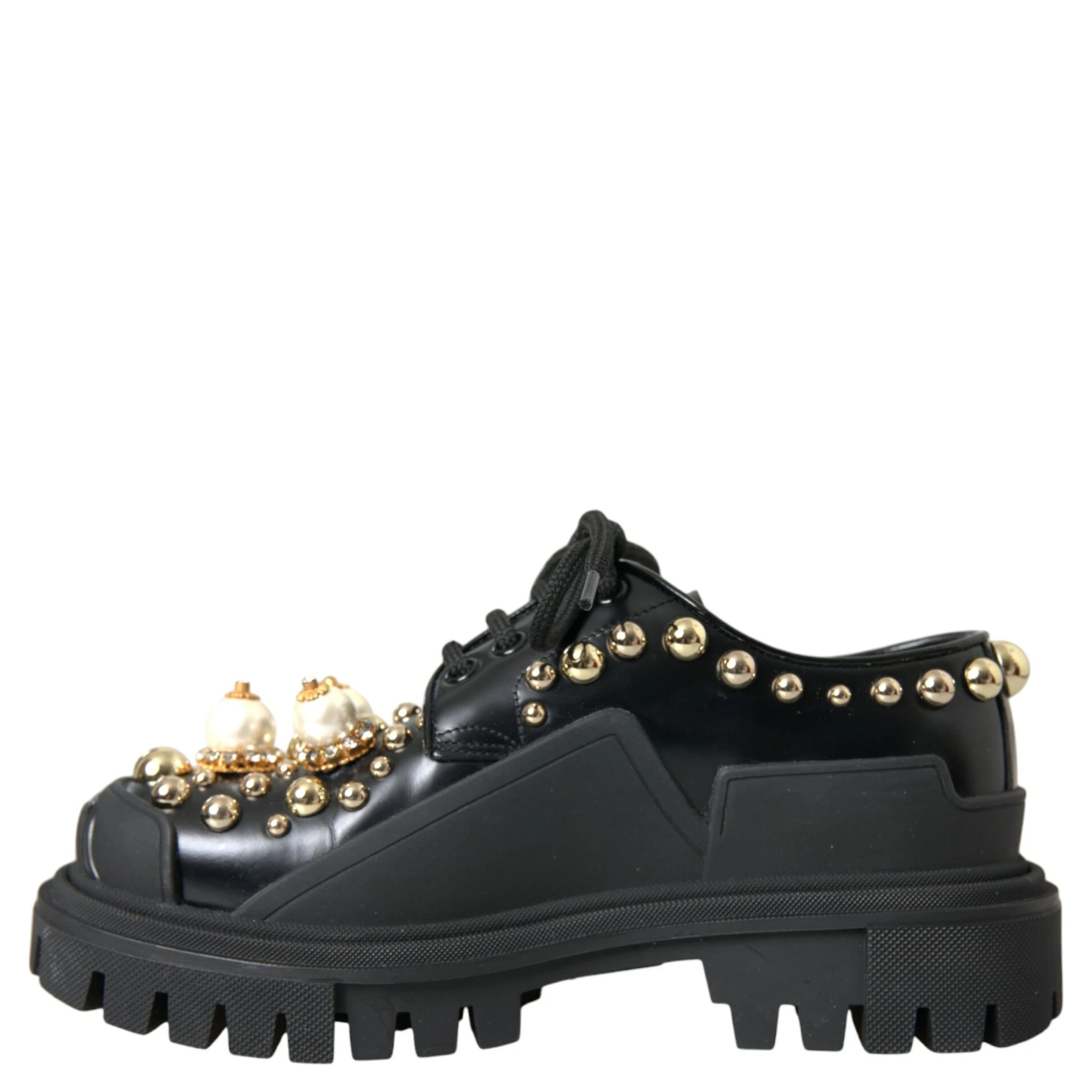 Black Leather Trekking Derby Embellished Shoes