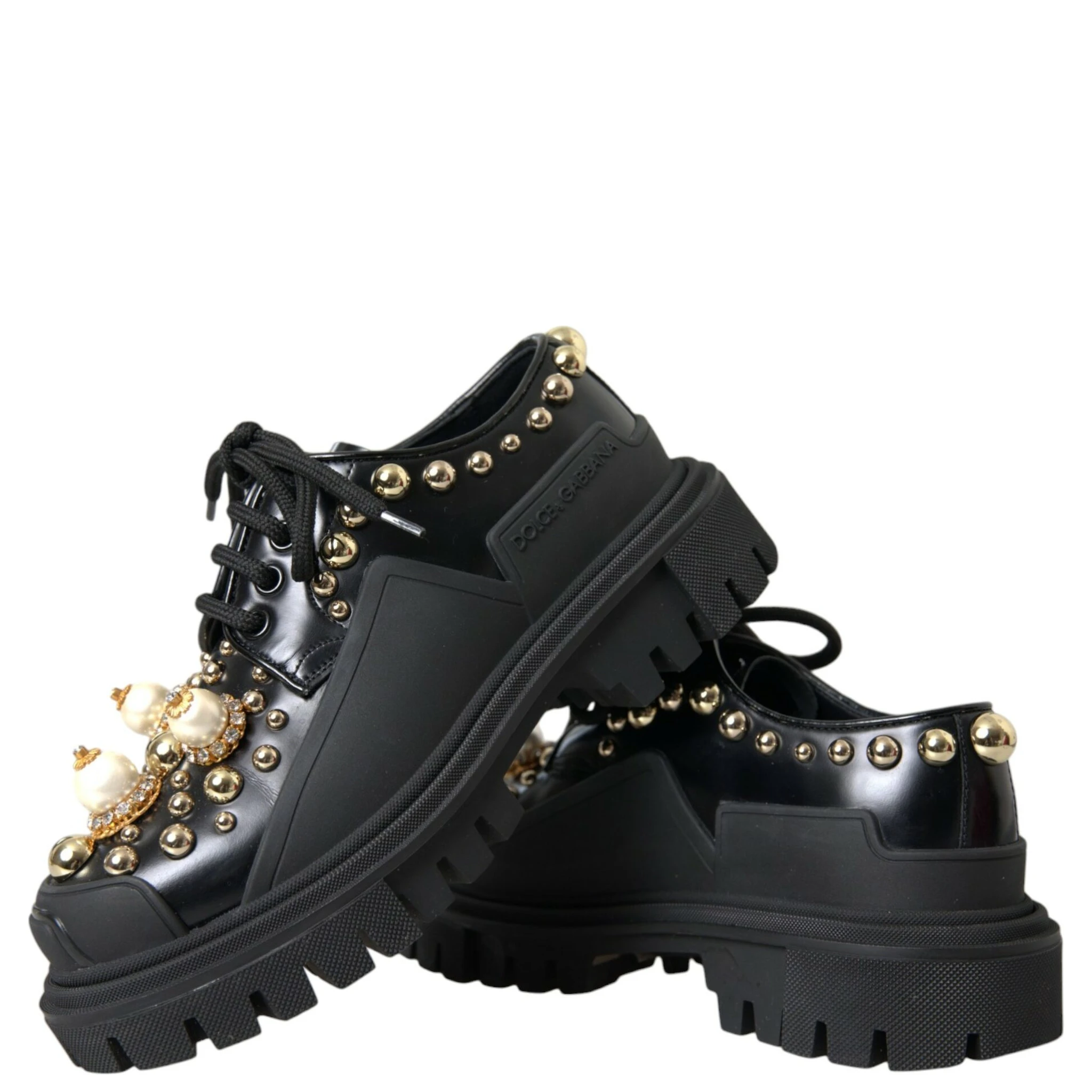 Black Leather Trekking Derby Embellished Shoes