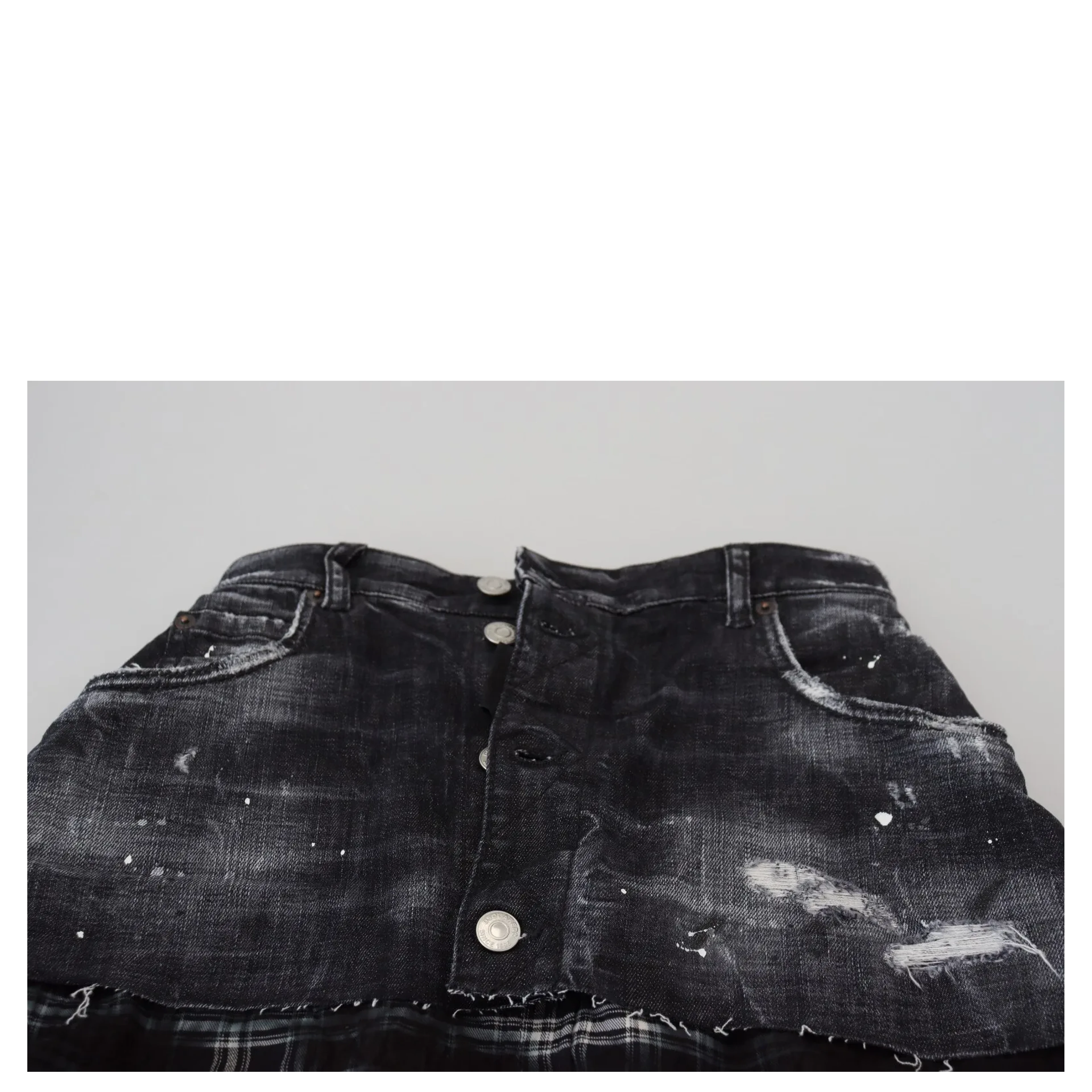 Black Checkered High Waist A-line Denim Mini Skirt
