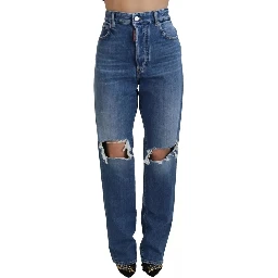 Blue Distressed High Waist Straight Denim Jeans