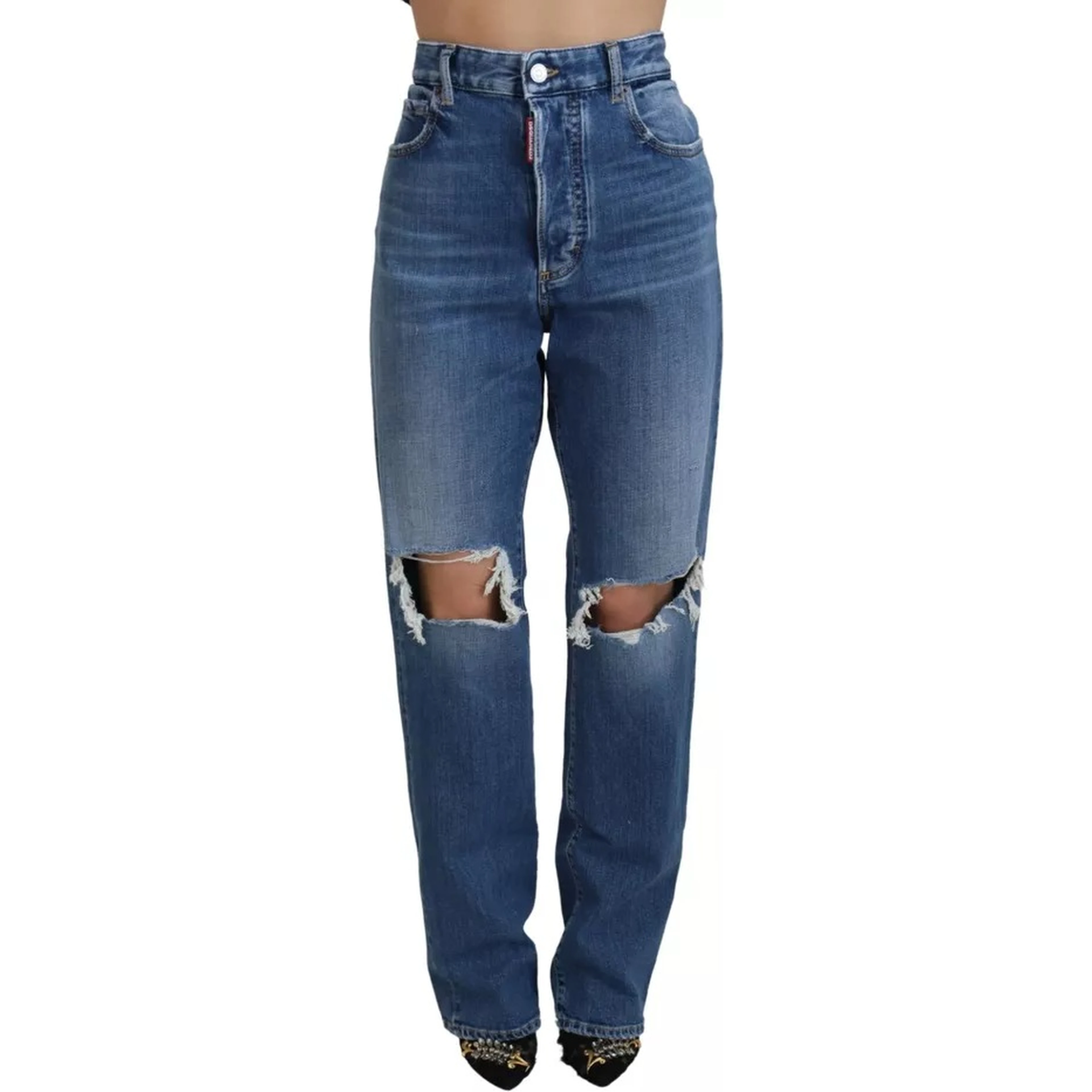 Blue Distressed High Waist Straight Denim Jeans