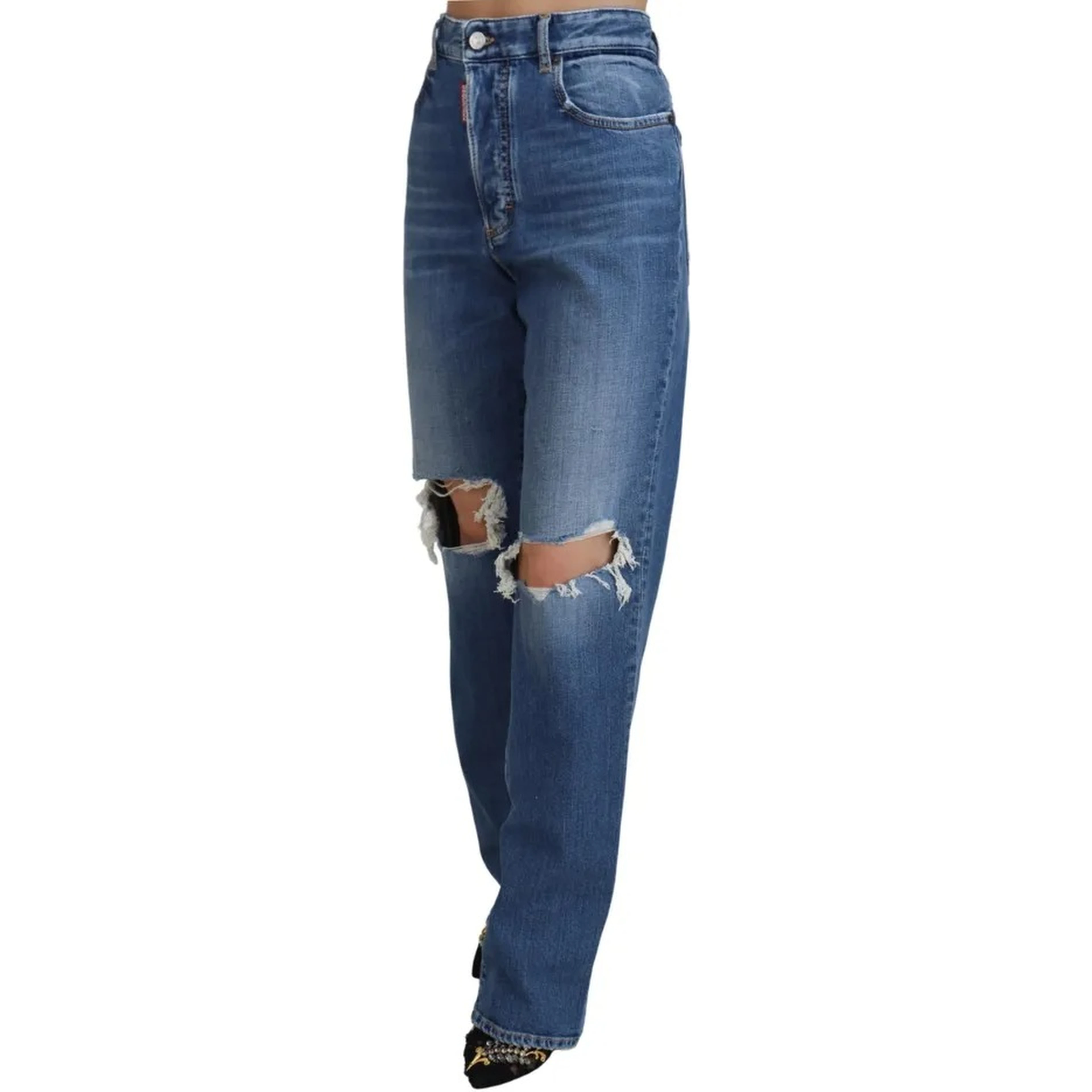 Blue Distressed High Waist Straight Denim Jeans